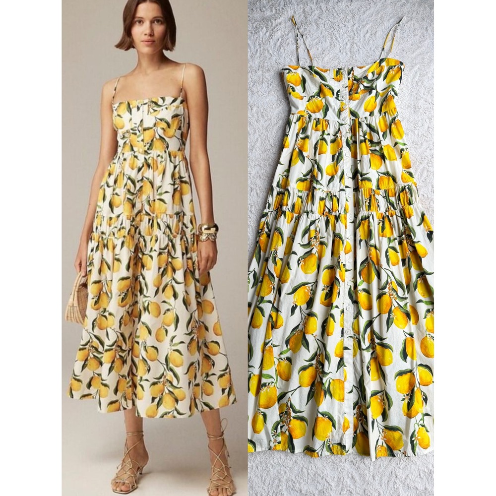 J.Crew Lemon Print Limoncello Dress Regenerative Cotton Button Midi CA663 0